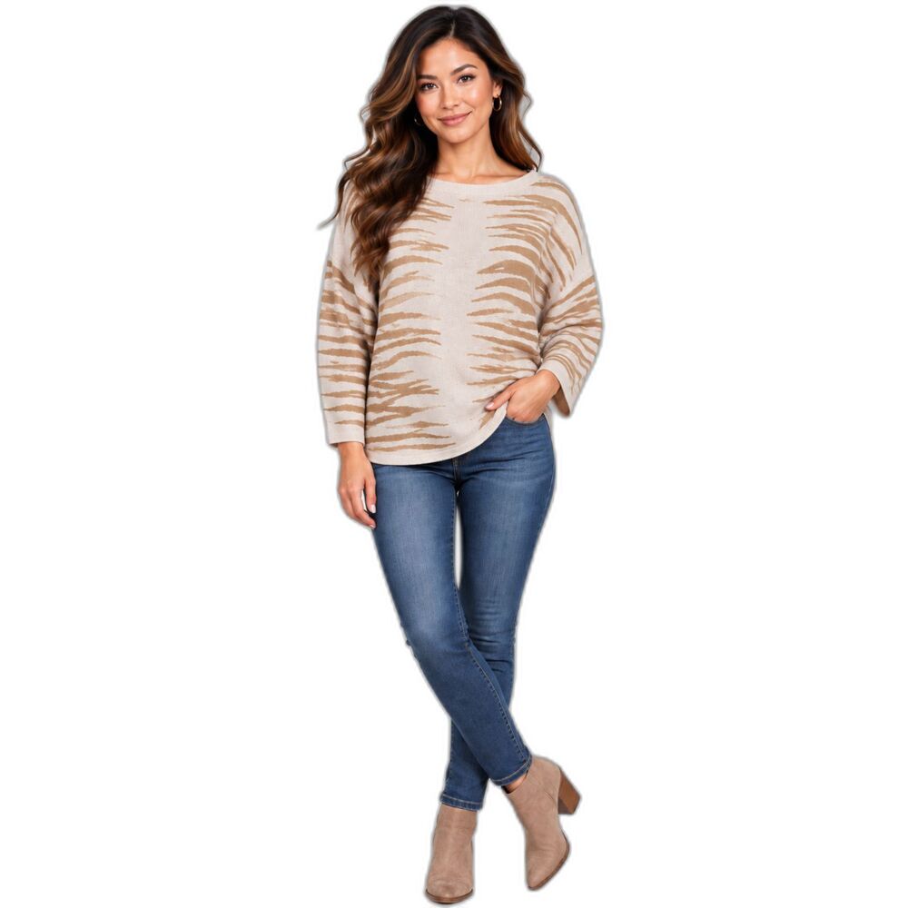 Greige Zebra Animal Print Jacquard Dolman Sleeve Sweater M NWT
